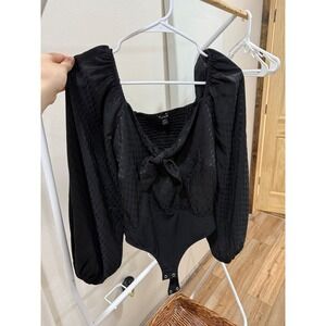 Express Black Smocked Bodice Square Neck Tie Front Bodysuit Size S